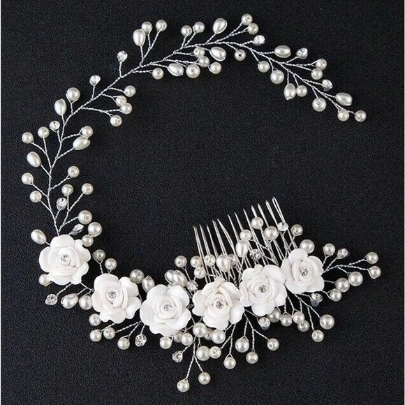 Bridal Pearls Flowers Crystals Hair Comb White Wedding Hairband Accessory - Picture 1 of 11